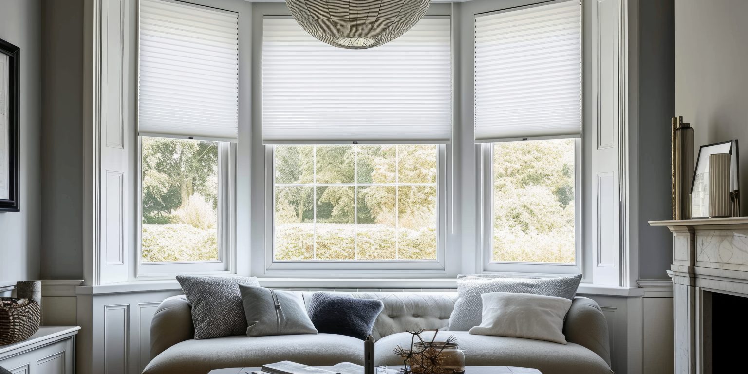 Extra large pleated blinds in white, featuring a 50mm fold, showcased in the window opening. Contemporary top down bottom up privacy shades for apartment