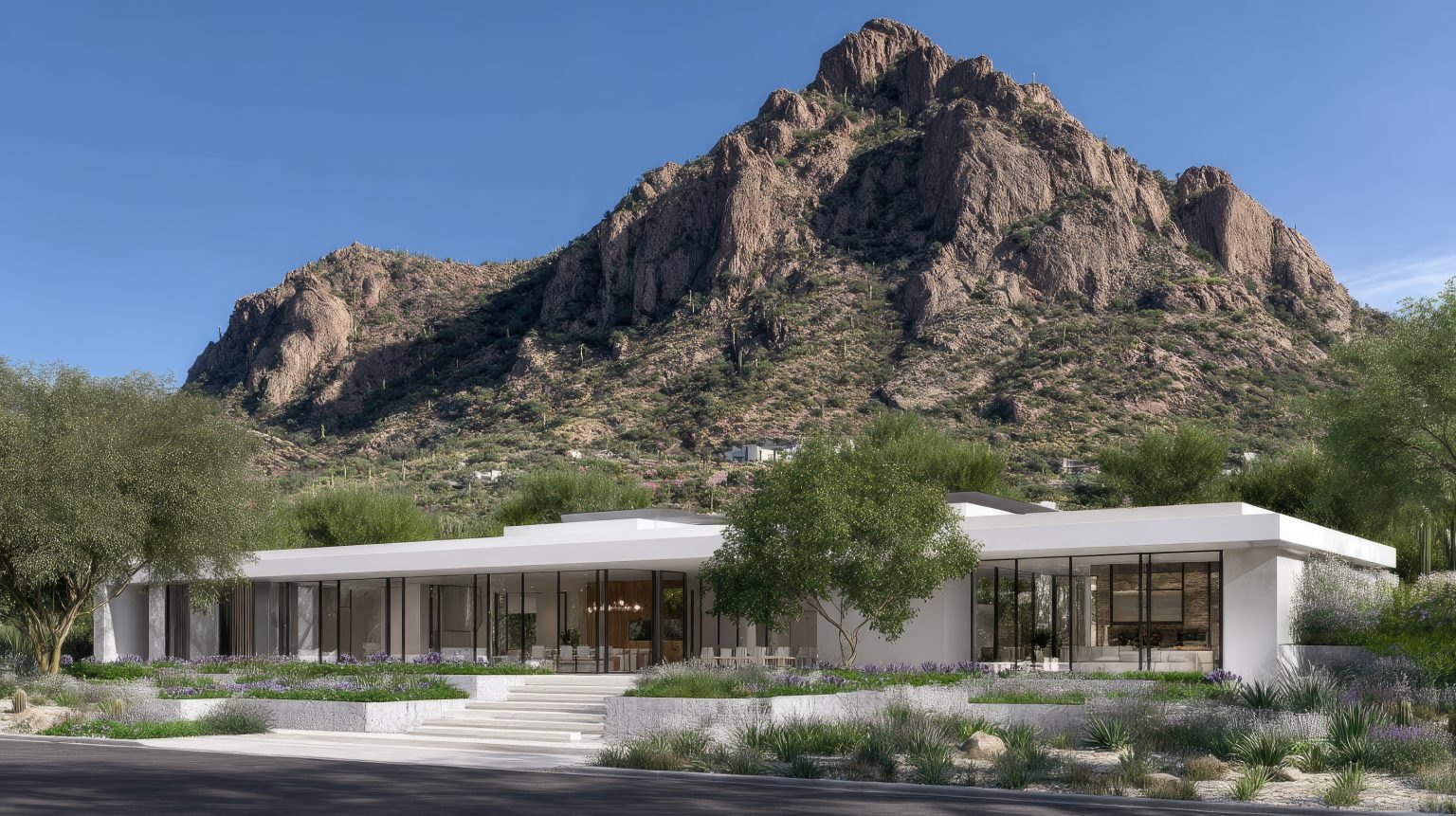 Modern home with floor to ceiling windows and automated shades